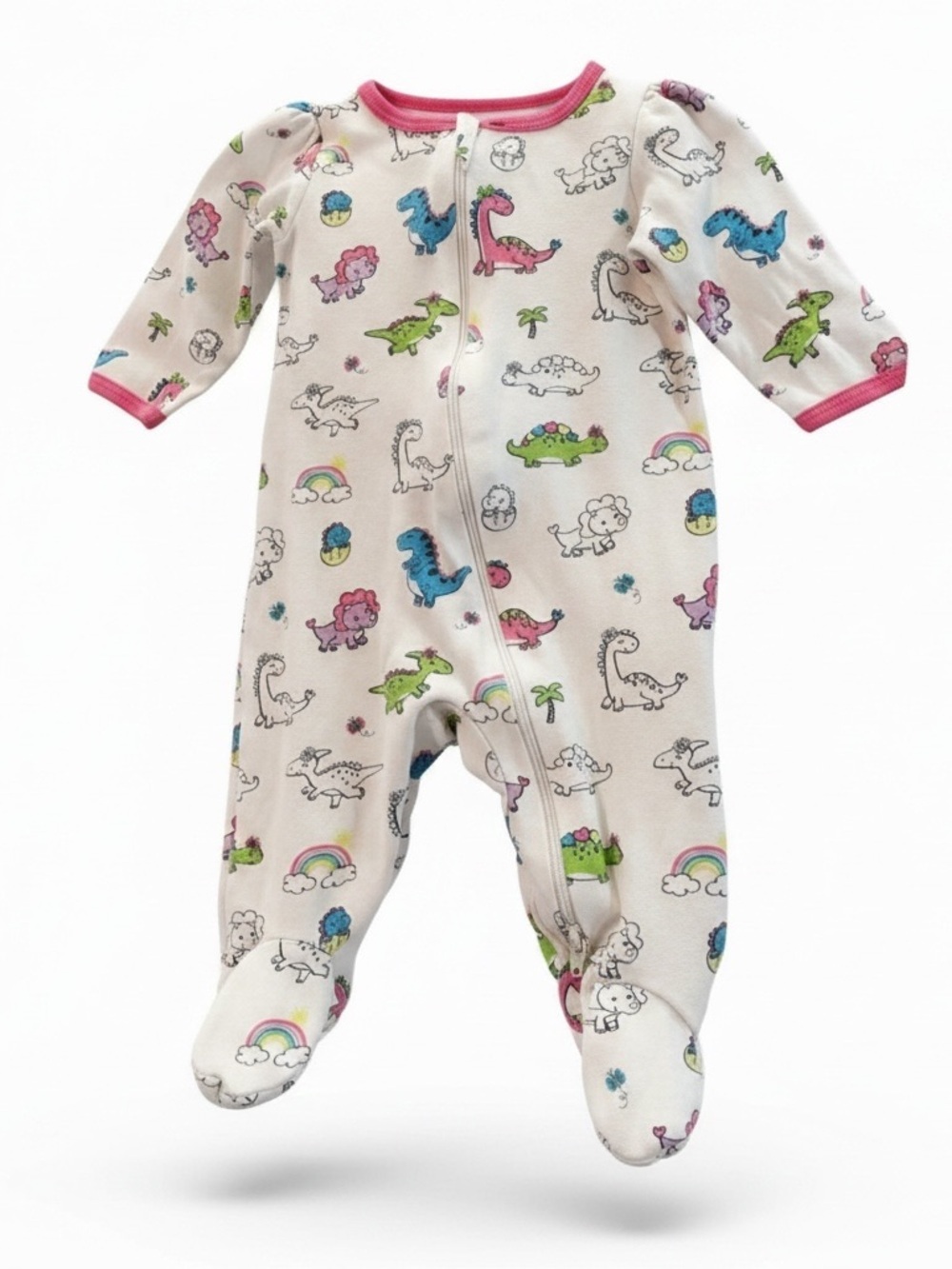 Long sleeve 2-way zip sleeper with dinosaurs and rainbows